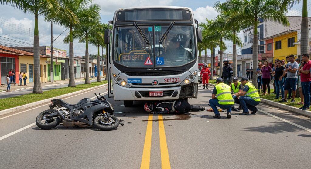 Motociclista vai parar debaixo de ônibus após acidente em Outeiro, em Belém
