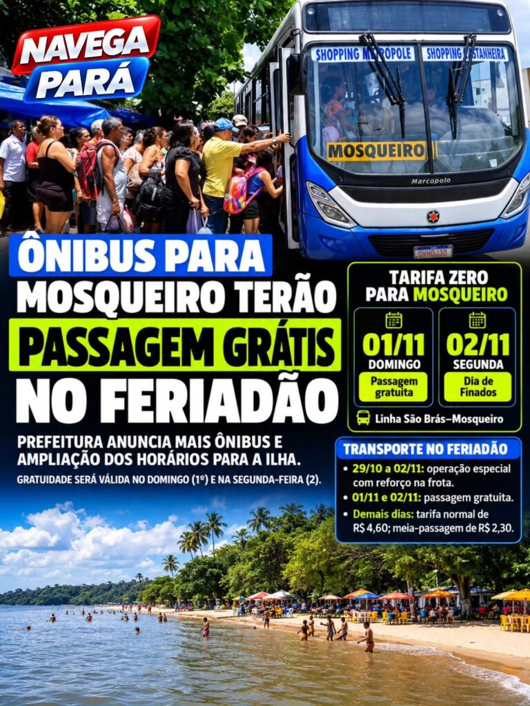Ônibus para Mosqueiro terão passagem gratuita no domingo (1º) e na segunda-feira (2) durante o feriadão de Finados