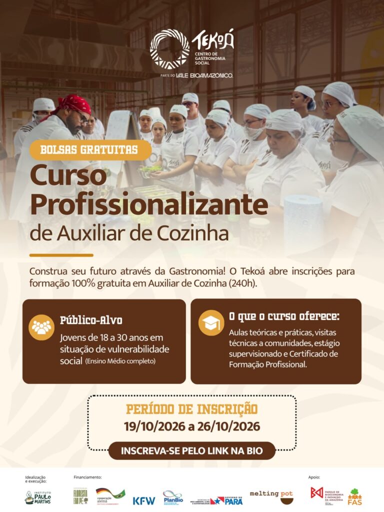 Tekoá abre inscrições para bolsas gratuitas em curso profissionalizante de Auxiliar de Cozinha em Belém